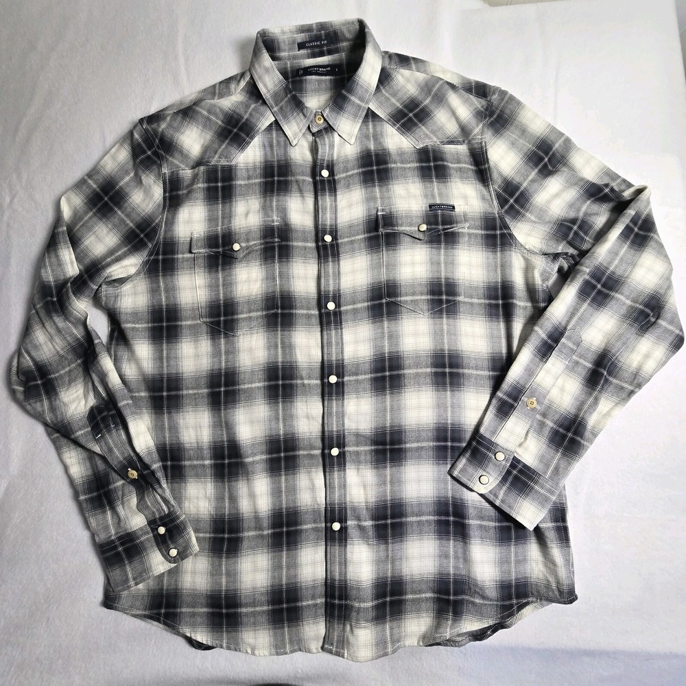 Lucky Brand Men Large Western Pearl Snap Shirt Ranch Chore Festival Cowboy Rodeo
